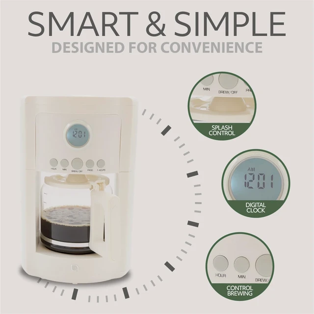 Alt view image 3 of 6 - WILLOW 12-Cup Programmable Drip Coffee Maker with Glass Carafe Delay Brew Coffee Machine with Timer, 1-4 Cup Setting, Keep Warm, Auto Shut-Off & Reusable Filter, Coffee Pot - Cream White