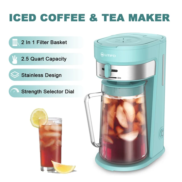 Alt view image 2 of 6 - LITIFO Iced Tea Maker and Iced Coffee Maker Brewing System with 2.5-quart Pitcher, sliding strength selector for Taste Customization, Stainless Steel (Green)