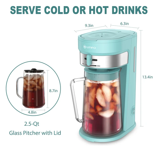 Alt view image 3 of 6 - LITIFO Iced Tea Maker and Iced Coffee Maker Brewing System with 2.5-quart Pitcher, sliding strength selector for Taste Customization, Stainless Steel (Green)