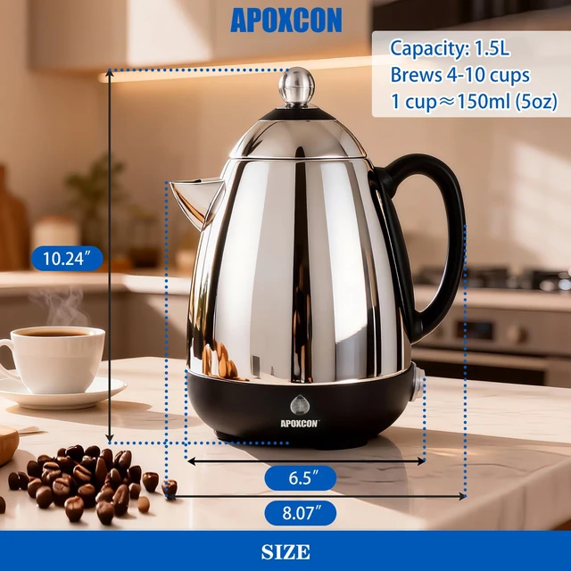 Alt view image 2 of 7 - APOXCON Electric Coffee Percolator with Clean Brush Stainless Steel -10 Cup | No-Drip Spout, Keep Warm, Cordless Serve, Clear Brew Progress Knob, 1.8 L Capacity, 1000-watt Quick Brew, On/OFF Switch
