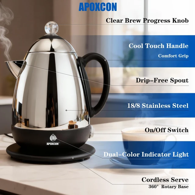 Alt view image 3 of 7 - APOXCON Electric Coffee Percolator with Clean Brush Stainless Steel -10 Cup | No-Drip Spout, Keep Warm, Cordless Serve, Clear Brew Progress Knob, 1.8 L Capacity, 1000-watt Quick Brew, On/OFF Switch