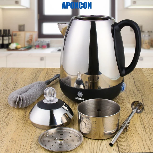 Alt view image 4 of 7 - APOXCON Electric Coffee Percolator with Clean Brush Stainless Steel -10 Cup | No-Drip Spout, Keep Warm, Cordless Serve, Clear Brew Progress Knob, 1.8 L Capacity, 1000-watt Quick Brew, On/OFF Switch