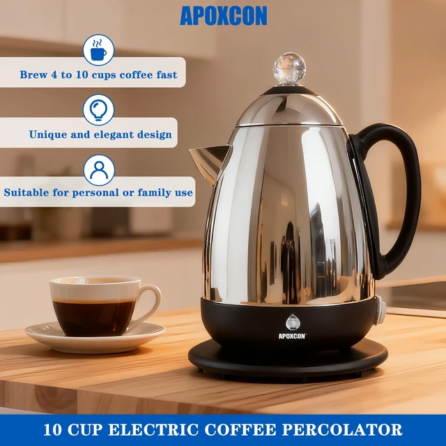 Alt view image 7 of 7 - APOXCON Electric Coffee Percolator with Clean Brush Stainless Steel -10 Cup | No-Drip Spout, Keep Warm, Cordless Serve, Clear Brew Progress Knob, 1.8 L Capacity, 1000-watt Quick Brew, On/OFF Switch