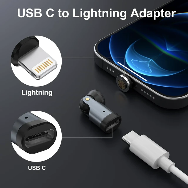 Alt view image 3 of 7 - Magnetic USB C to Lightning Adapter, 540 Rotating Fast Charging Connector | 540 Rotating Magnetic Connector(2Pack), 27W PD Charging, LED Indicator, Data Sync for iPhone 14/13/12/11, Not for Audio/OTG