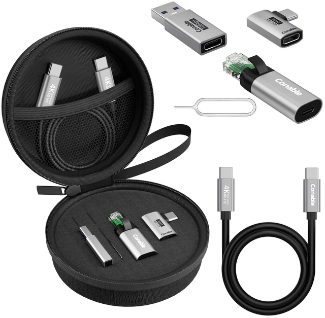 Main image of USB Travel Adapter 6-in-1, for Internet/Data/Charging/Video, Includes: USB-C to RJ45 Adapter, Type-C 3.1 Cable, USB to USB-C Connector, USB4 Right Angle Converter, SIM Card Ejector Tool, Storage Box