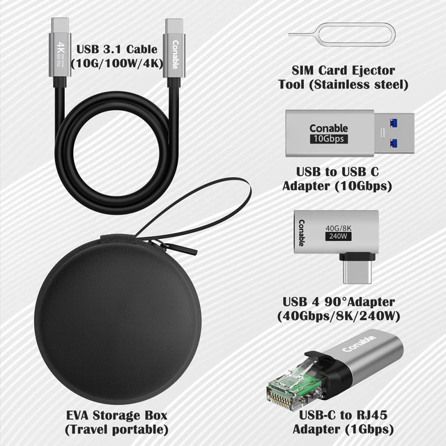 Alt view image 2 of 7 - USB Travel Adapter 6-in-1, for Internet/Data/Charging/Video, Includes: USB-C to RJ45 Adapter, Type-C 3.1 Cable, USB to USB-C Connector, USB4 Right Angle Converter, SIM Card Ejector Tool, Storage Box
