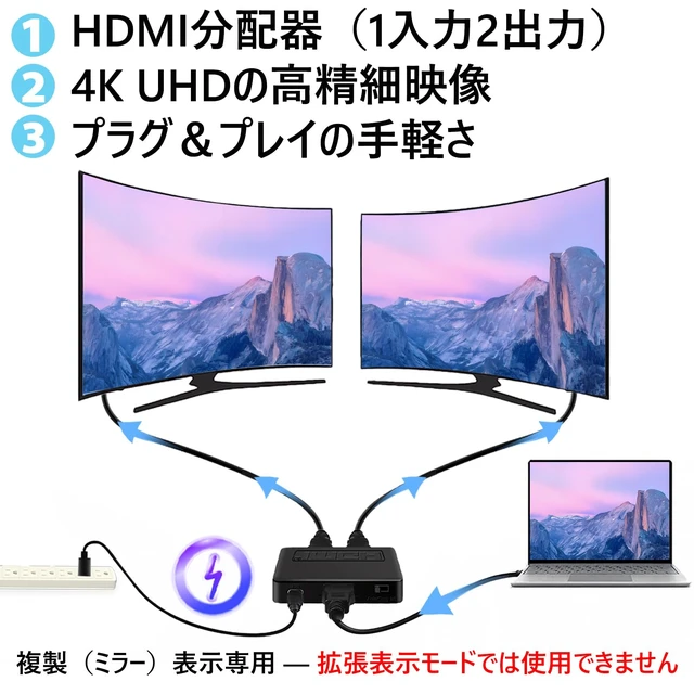 Alt view image 2 of 7 - Cyberguys! 4K@60Hz HDMI Splitter 1 in 2 Out, Dual HDMI Adapter | Mirror Screens Only, HDMI 2.0 Video Duplicator with 2.5ft USB Power Cable, Supports TV, Monitor, Projector, PS4, Xbox