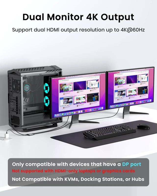 Alt view image 3 of 7 - Glomtheia 4K 60Hz DisplayPort to Dual HDMI Adapter, MST Splitter for Dual Monitor Extender, Supports Extended & Mirror Mode, Plug and Play, USB Power Cable Included