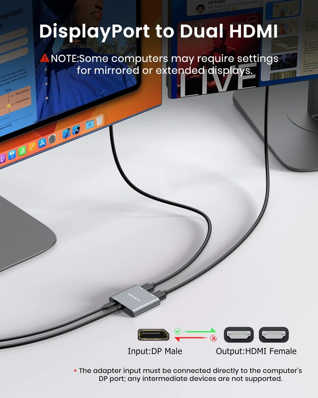 Alt view image 6 of 7 - Glomtheia 4K 60Hz DisplayPort to Dual HDMI Adapter, MST Splitter for Dual Monitor Extender, Supports Extended & Mirror Mode, Plug and Play, USB Power Cable Included
