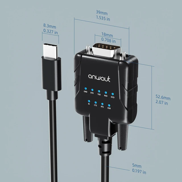 Alt view image 3 of 7 - Anwaut ProtoC-IX9 Series | 1-Port Industrial USB-C to Serial / RS232 (DB9) Adapter Converter (Compatible for Windows 11, macOS 15 | 9 X Data Monitoring LEDs, U2RS232-C)