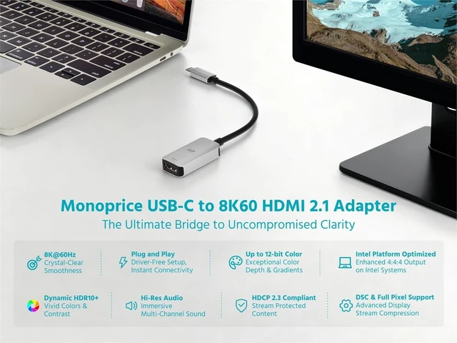 Alt view image 2 of 6 - Monoprice USBC to 8K60 HDMI 2.1 Adapter Ultra HD Display Solution Compatible with MacBook Pro/Air, iPad, iPhone 15/16, for Creators, Gamers, and Professionals