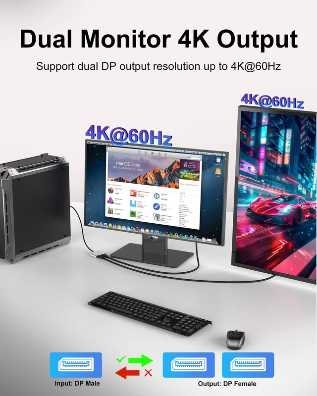 Alt view image 3 of 7 - DisplayPort to Dual DisplayPort Splitter Adapter, 4K@60Hz Display Port Splitter Extended Display for Dual Monitors, DP1.4 Splitter 1 in 2 Out, DisplayPort MST Hub for PC, NVIDIA, AMD Graphic Card