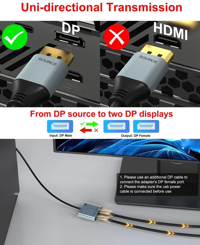 Alt view image 4 of 7 - DisplayPort to Dual DisplayPort Splitter Adapter, 4K@60Hz Display Port Splitter Extended Display for Dual Monitors, DP1.4 Splitter 1 in 2 Out, DisplayPort MST Hub for PC, NVIDIA, AMD Graphic Card