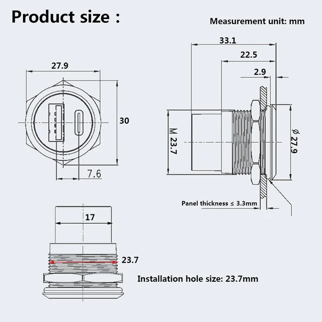 Alt view image 7 of 7 - PENGLIN 2PCS Dual USB-C 3.1 & USB 3.0 Female to Female Bulkhead Socket | 10Gbps High Speed Data Transfer, 5V/1A Fast Charging, Panel Mount Thread Adapter, With Waterproof Cap
