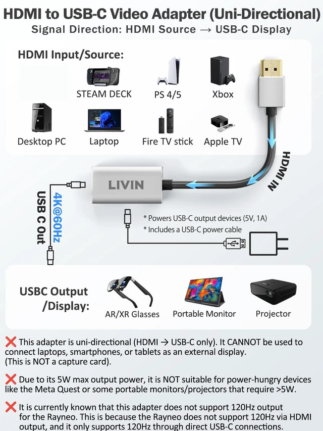 Alt view image 2 of 7 - HDMI to USB C Adapter (4K@60Hz) Portable Monitor, AR Glasses XREAL One Air 2 Pro/VITURE Luma/RayNeo Air 3s/Rokid,HDMI Male(Source) to USB C Female(Display) Laptop,PS4/5,Xbox,Switch,ROG Ally,Steam Deck