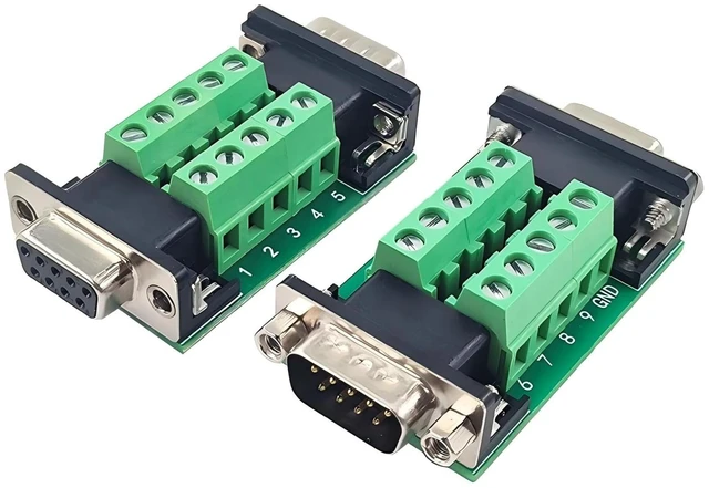 Main image of 2PCS RS232 DB9 Female and Male Connector in One Breakout Board | D-SUB Serial to 9 Pin Port Terminal Adapter Module, Includes EVA Insulating Adhesive, Clear Labels, No Welding Required