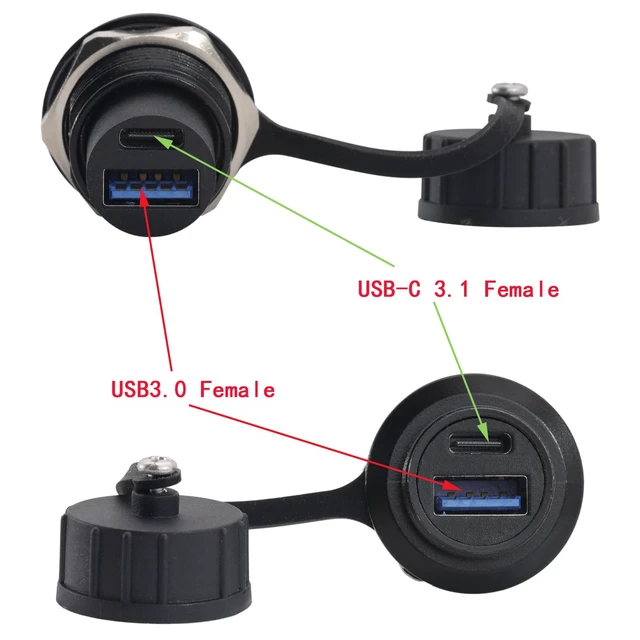 Alt view image 2 of 7 - 2PCS Dual Port USB-C 3.1 & USB 3.0 Female to Female Connector | USB A USB C Panel Mount Adapter, USB A & Type C Feedthrough Bulkhead, Socket Installed in Dashboard Device Panel