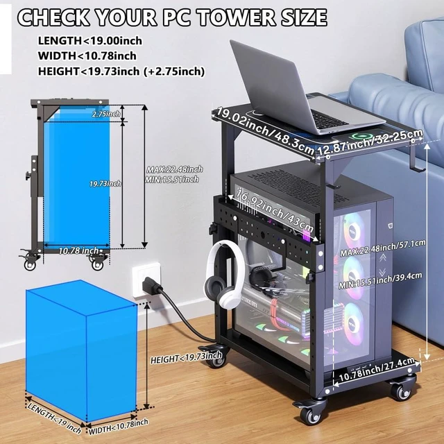 Alt view image 3 of 7 - ZUAVIALA Computer Tower Stand with Power Outlet, 6 Level Height Ajustable PC Tower Stand for Floor, Mobile Rolling CPU Holder Cart for Gaming, Office, Home, 21.34"-28.3", Black