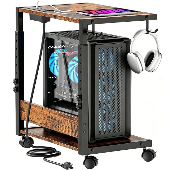 Main image of Computer Tower Stand, Height-Adjustable PC Stand with Charging Station | PC Tower Stand PC Holder Cpu Stand Computer Cart Rolling Computer Cart