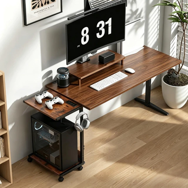 Alt view image 2 of 7 - Computer Tower Stand, Height-Adjustable PC Stand with Charging Station | PC Tower Stand PC Holder Cpu Stand Computer Cart Rolling Computer Cart