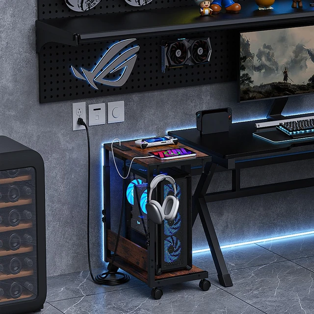 Alt view image 7 of 7 - Computer Tower Stand, Height-Adjustable PC Stand with Charging Station | PC Tower Stand PC Holder Cpu Stand Computer Cart Rolling Computer Cart