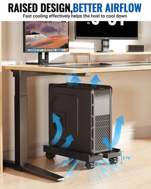 Alt view image 5 of 7 - Hovadova Adjustable Computer Tower Stand, Ventilated Mobile CPU Holder,Gray | Fits Most PC Tower, Under Desk CPU Holder PC Floor Cart Computer Riser for Students and Gamers