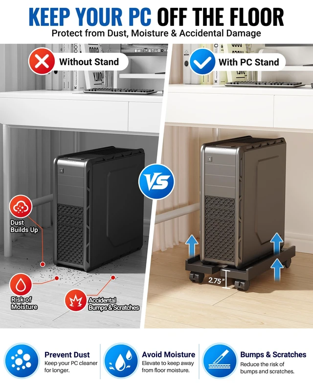 Alt view image 6 of 7 - Hovadova Adjustable Computer Tower Stand, Ventilated Mobile CPU Holder,Gray | Fits Most PC Tower, Under Desk CPU Holder PC Floor Cart Computer Riser for Students and Gamers