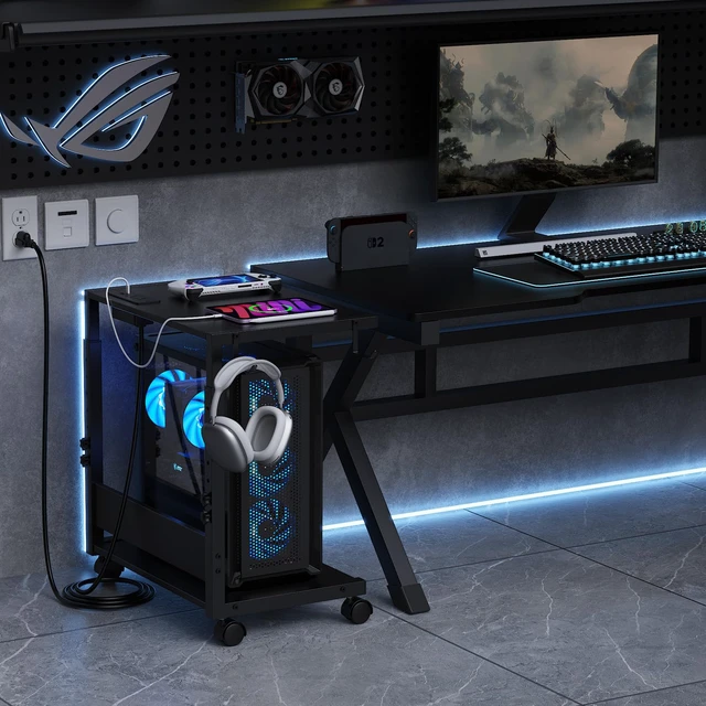 Alt view image 7 of 7 - Computer Tower Stand Height-Adjustable PC Stand with Charging Station | PC Tower Stand PC Holder Cpu Stand Computer Cart Rolling Computer Cart