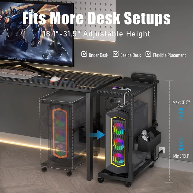 Alt view image 2 of 6 - Adjustable Computer Tower Stand - 18.1"-31.5" PC Cart for Gaming Setups | CPU Tower Stand with 4 Locking Casters, Charging Station & Storage Bag - Large Rolling PC Shelf for Under-Desk or Desk-Side