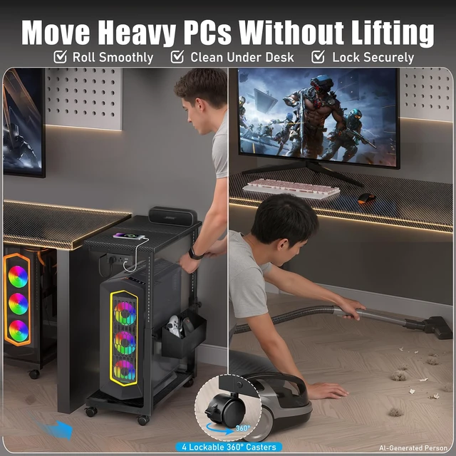 Alt view image 4 of 6 - Adjustable Computer Tower Stand - 18.1"-31.5" PC Cart for Gaming Setups | CPU Tower Stand with 4 Locking Casters, Charging Station & Storage Bag - Large Rolling PC Shelf for Under-Desk or Desk-Side