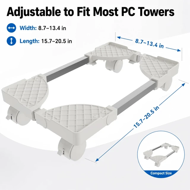 Alt view image 2 of 7 - Hovadova Computer Tower Stand, Adjustable Length & Width, Fits Most PC | PC Floor Stand for Carpet, Mobile CPU Holder with 4 Locking Caster Wheels, PC Riser Fits Office, Gaming