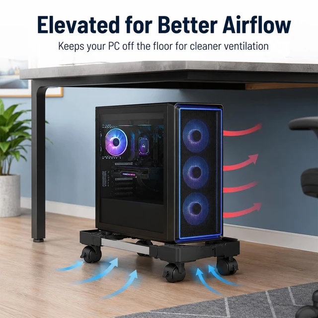 Alt view image 3 of 7 - Hovadova Computer Tower Stand, Adjustable Length & Width, Fits Most PC | PC Floor Stand for Carpet, Mobile CPU Holder with 4 Locking Caster Wheels, PC Riser Fits Office, Gaming