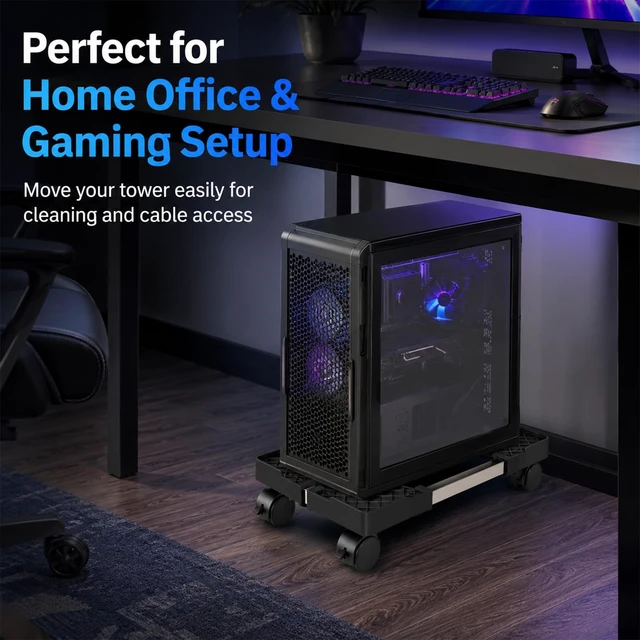 Alt view image 5 of 7 - Hovadova Computer Tower Stand, Adjustable Length & Width, Fits Most PC | PC Floor Stand for Carpet, Mobile CPU Holder with 4 Locking Caster Wheels, PC Riser Fits Office, Gaming
