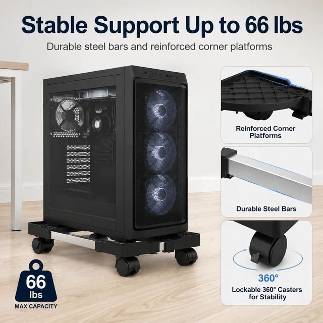 Alt view image 6 of 7 - Hovadova Computer Tower Stand, Adjustable Length & Width, Fits Most PC | PC Floor Stand for Carpet, Mobile CPU Holder with 4 Locking Caster Wheels, PC Riser Fits Office, Gaming