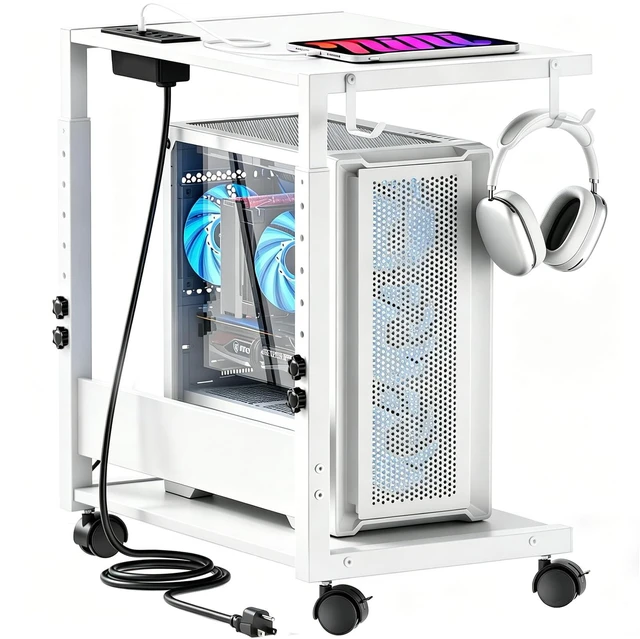 Main image of Computer Tower Stand, Height-Adjustable PC Stand with Charging Station | PC Tower Stand PC Holder Cpu Stand Computer Cart Rolling Computer Cart