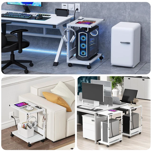 Alt view image 4 of 7 - Computer Tower Stand, Height-Adjustable PC Stand with Charging Station | PC Tower Stand PC Holder Cpu Stand Computer Cart Rolling Computer Cart