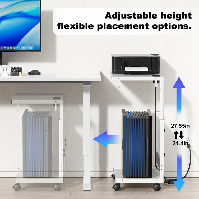 Alt view image 5 of 7 - Computer Tower Stand, Height-Adjustable PC Stand with Charging Station | PC Tower Stand PC Holder Cpu Stand Computer Cart Rolling Computer Cart