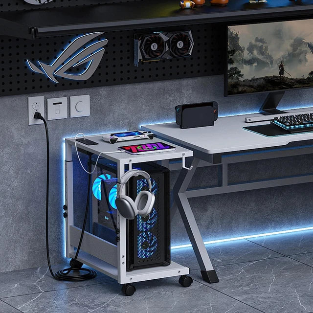 Alt view image 6 of 7 - Computer Tower Stand, Height-Adjustable PC Stand with Charging Station | PC Tower Stand PC Holder Cpu Stand Computer Cart Rolling Computer Cart