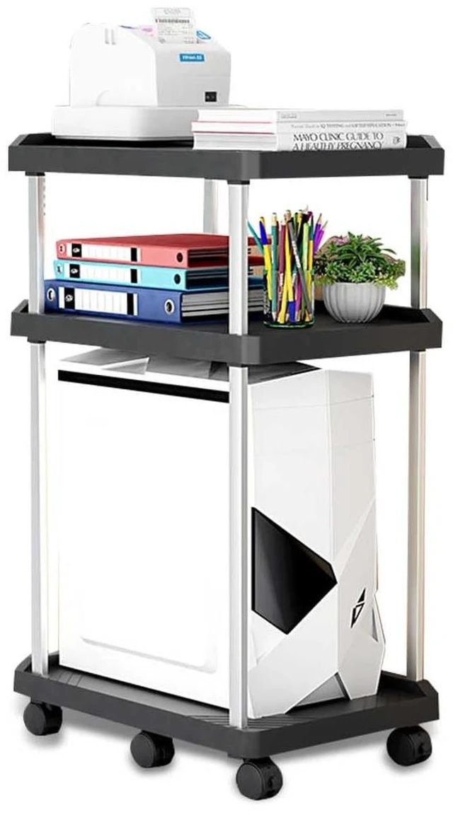 Main image of Niciksty 3-Tier Computer Tower Stand with Wheels, Black | Mobile cart for PC tower, printer, fax. Sturdy CPU cart, rolling casters for home office