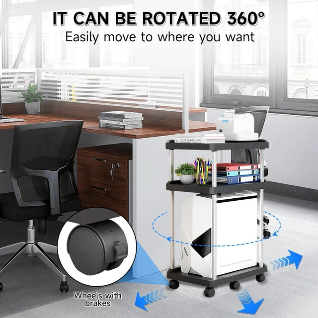 Alt view image 2 of 7 - Niciksty 3-Tier Computer Tower Stand with Wheels, Black | Mobile cart for PC tower, printer, fax. Sturdy CPU cart, rolling casters for home office
