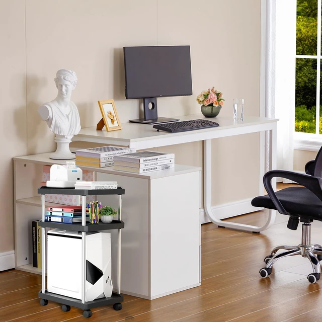 Alt view image 5 of 7 - Niciksty 3-Tier Computer Tower Stand with Wheels, Black | Mobile cart for PC tower, printer, fax. Sturdy CPU cart, rolling casters for home office