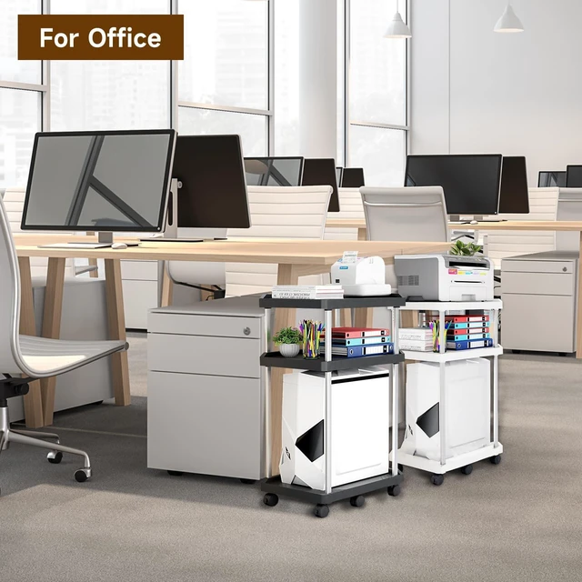 Alt view image 6 of 7 - Niciksty 3-Tier Computer Tower Stand with Wheels, Black | Mobile cart for PC tower, printer, fax. Sturdy CPU cart, rolling casters for home office