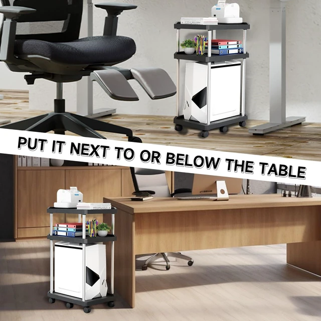 Alt view image 7 of 7 - Niciksty 3-Tier Computer Tower Stand with Wheels, Black | Mobile cart for PC tower, printer, fax. Sturdy CPU cart, rolling casters for home office