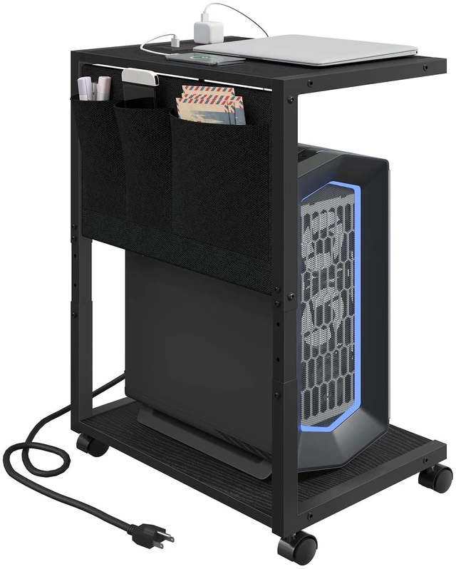 Main image of YATINEY PC Stand, Computer Tower Stand with Charging Station, Height Adjustable PC Tower Stand for Floor, 2 Tier Computer Cart On Wheels, 23.1"-29" H,19.7" L x 11" W, for Home Office, Black CJ60BB