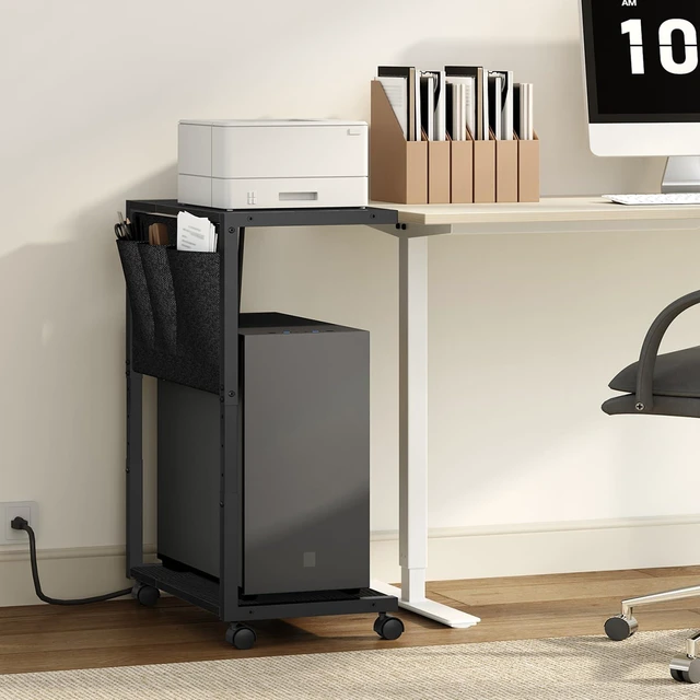 Alt view image 2 of 7 - YATINEY PC Stand, Computer Tower Stand with Charging Station, Height Adjustable PC Tower Stand for Floor, 2 Tier Computer Cart On Wheels, 23.1"-29" H,19.7" L x 11" W, for Home Office, Black CJ60BB