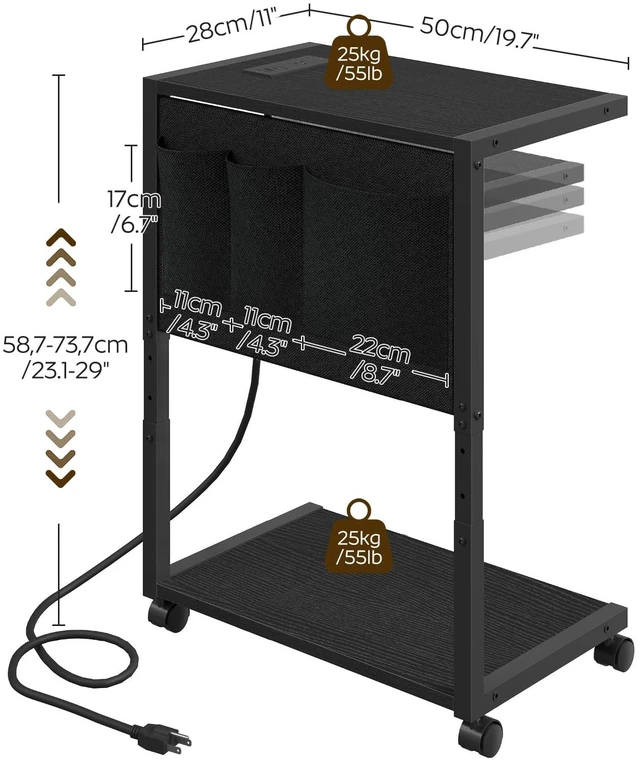 Alt view image 3 of 7 - YATINEY PC Stand, Computer Tower Stand with Charging Station, Height Adjustable PC Tower Stand for Floor, 2 Tier Computer Cart On Wheels, 23.1"-29" H,19.7" L x 11" W, for Home Office, Black CJ60BB