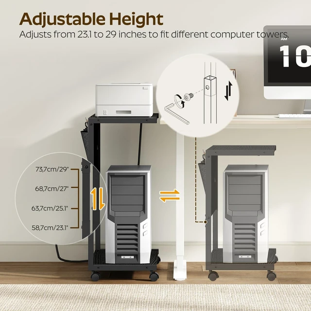 Alt view image 4 of 7 - YATINEY PC Stand, Computer Tower Stand with Charging Station, Height Adjustable PC Tower Stand for Floor, 2 Tier Computer Cart On Wheels, 23.1"-29" H,19.7" L x 11" W, for Home Office, Black CJ60BB