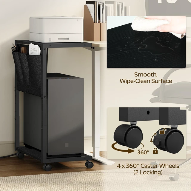Alt view image 6 of 7 - YATINEY PC Stand, Computer Tower Stand with Charging Station, Height Adjustable PC Tower Stand for Floor, 2 Tier Computer Cart On Wheels, 23.1"-29" H,19.7" L x 11" W, for Home Office, Black CJ60BB