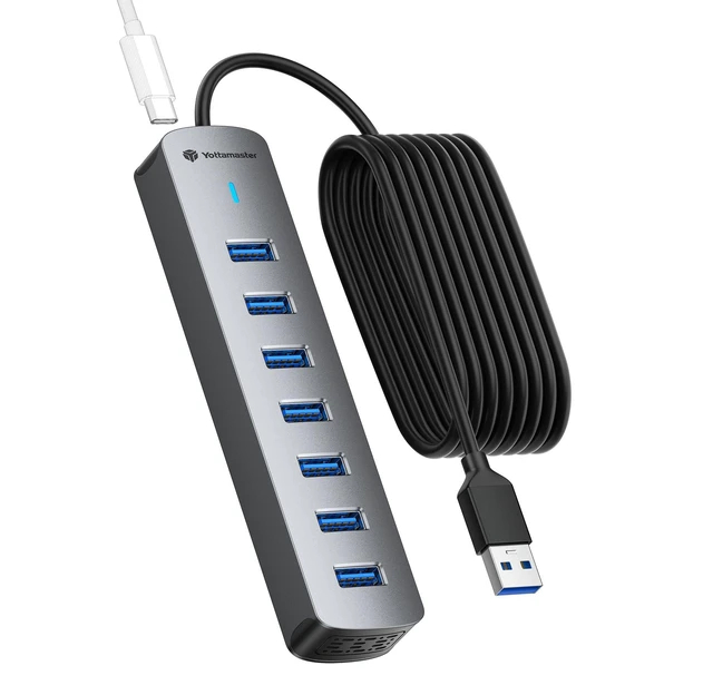 Main image of Yottamaster 6FT 7-Port USB 3.0 Hub Multiport Adapter for PC, Laptop | High-Speed 5Gbps USB Splitter with LEDs, Aluminium USB Extender Hub, USB Hub Long Cable for PC, Desktop, Laptop,Flash Drive