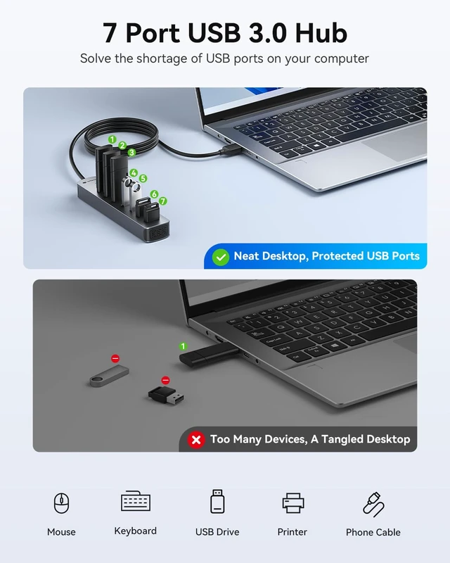Alt view image 4 of 7 - Yottamaster 6FT 7-Port USB 3.0 Hub Multiport Adapter for PC, Laptop | High-Speed 5Gbps USB Splitter with LEDs, Aluminium USB Extender Hub, USB Hub Long Cable for PC, Desktop, Laptop,Flash Drive